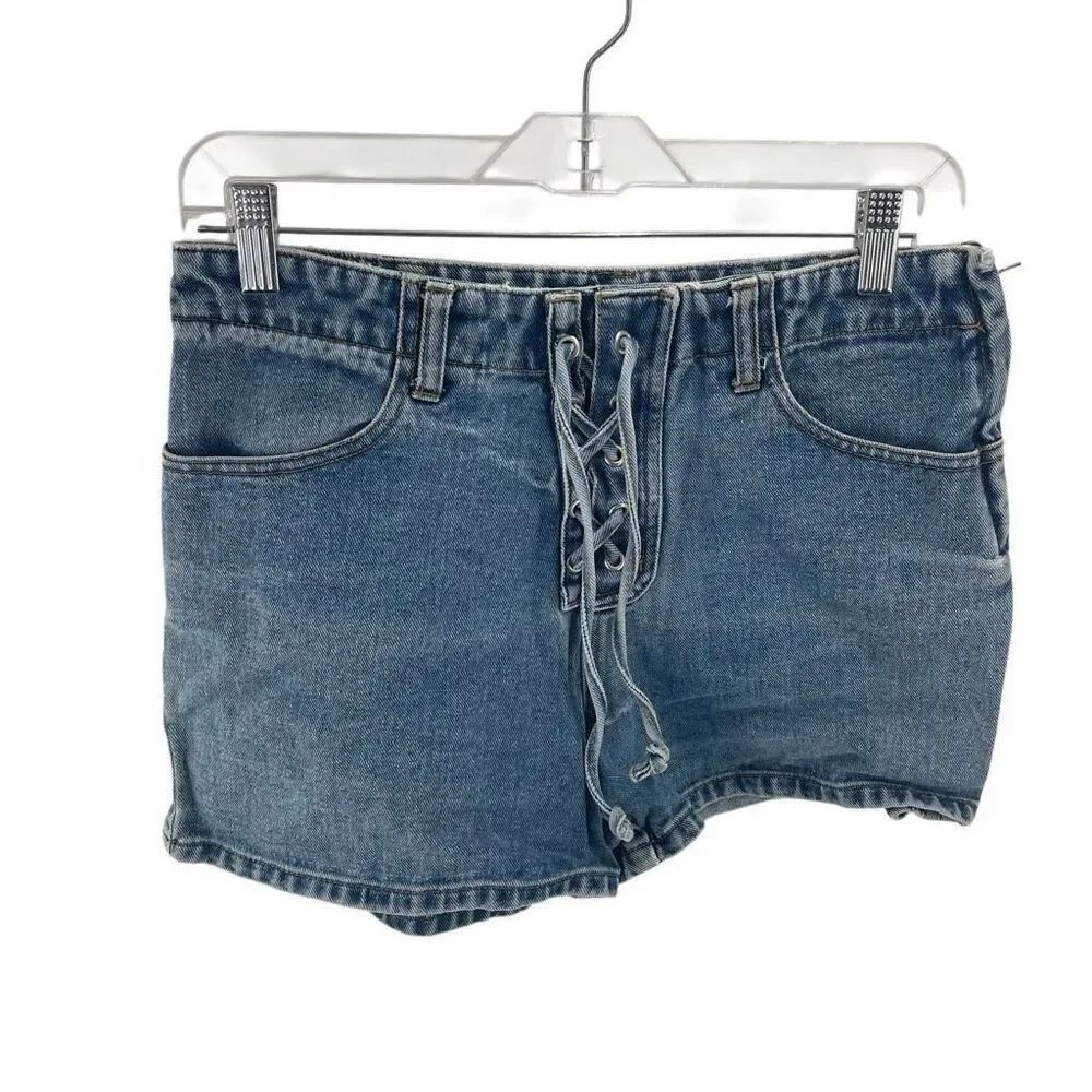 L.A. Blues Women's Lace Up High Rise Side Zip Denim Jean Shorts Blue Size 10